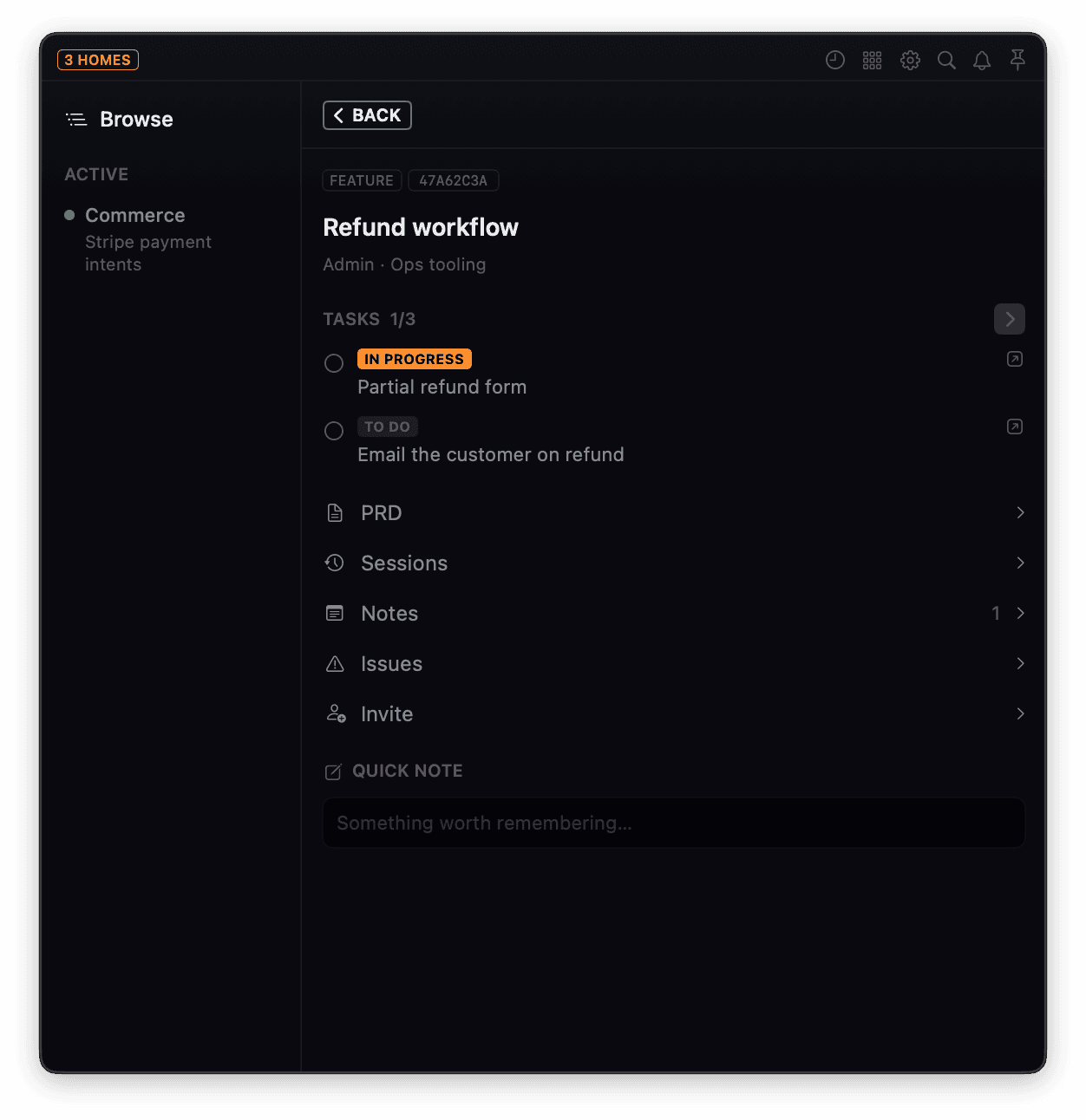 The Refund workflow feature open in the panel, showing tasks one of three complete with status pills, and rows for PRD, Sessions, Notes and Issues.