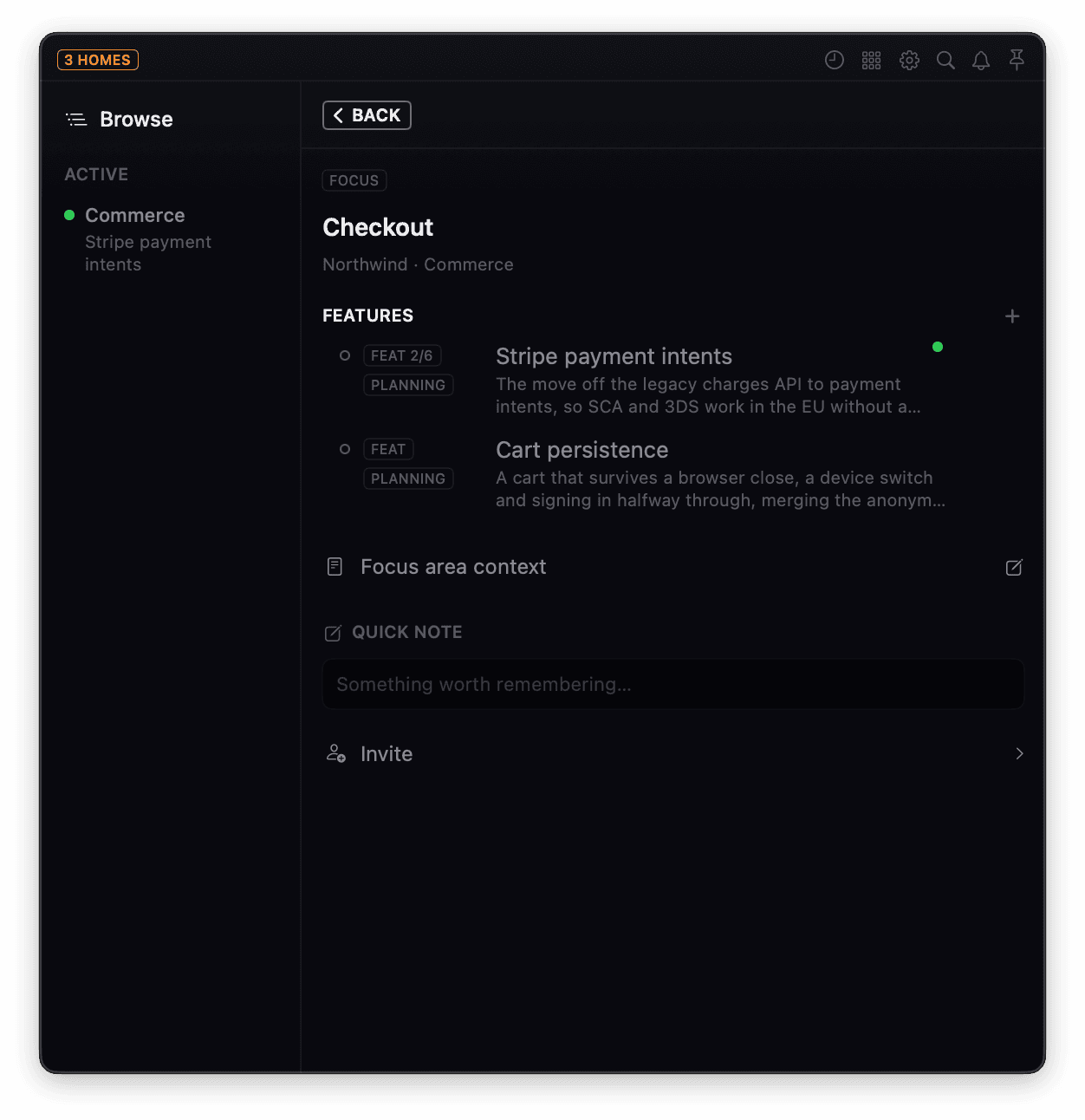 The Checkout focus area in the panel, listing Cart persistence and Stripe payment intents, each with a one sentence summary beneath its name.