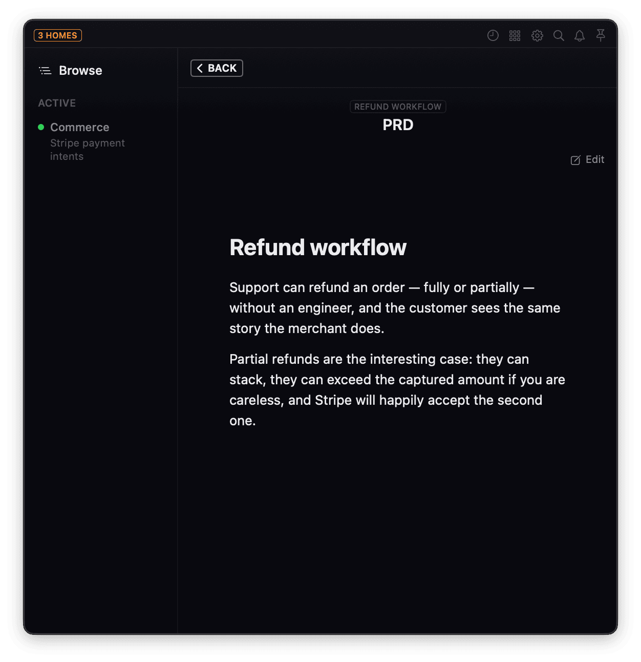 A PRD rendered in the panel, headed PRD, with a Refund workflow pill above the heading naming the feature it belongs to.