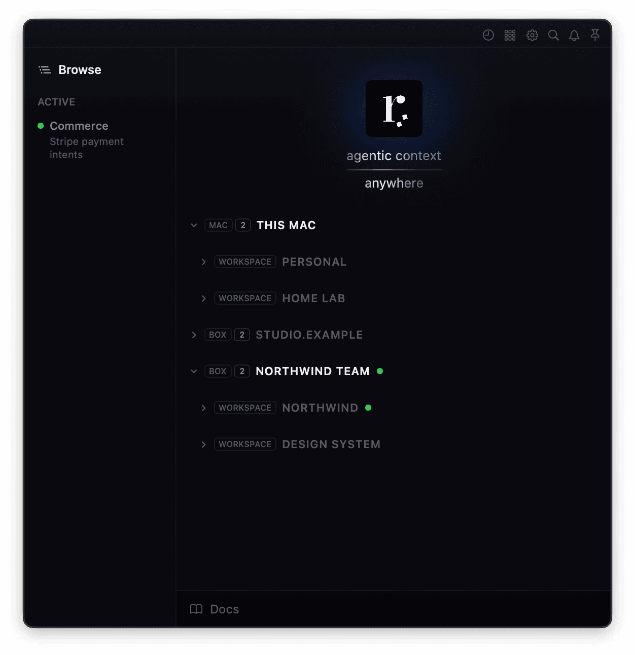 The rememd panel showing a tree whose top level is where work lives: This Mac, marked MAC, above its Personal and Home lab workspaces; a folded personal box named studio.example, marked BOX; and a team box named Northwind team, marked BOX and lit, above its Northwind and Design system workspaces. A live session on Stripe payment intents sits in the rail beside it.
